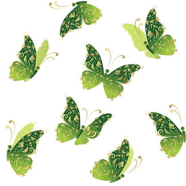 Motýl zelený umění létání, květinové zlatý ornament — Stockový vektor