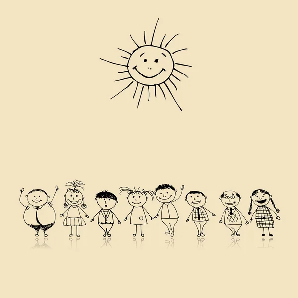 Feliz gran familia sonriendo juntos, dibujando bosquejo — Vector de stock
