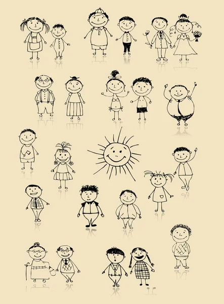 Grande família feliz sorrindo juntos, desenho esboço — Vetor de Stock