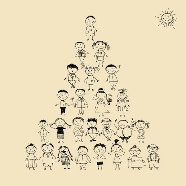 Pirámide divertida con gran familia feliz sonriendo juntos, dibujo boceto — Archivo Imágenes Vectoriales