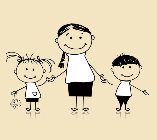 함께 웃 고 행복 한 가족, 어머니와 아이, 그리기 스케치 — 스톡 벡터