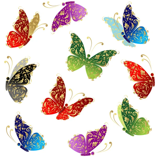 Schöne Kunst Schmetterling fliegen, florale goldene Ornamente — Stockvektor