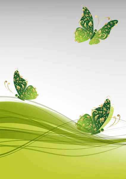 Green background with beautiful butterflies for your design — Stock Vector
