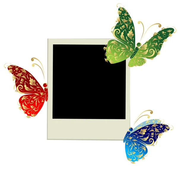 Projeto da moldura da foto com decoração da borboleta — Vetor de Stock