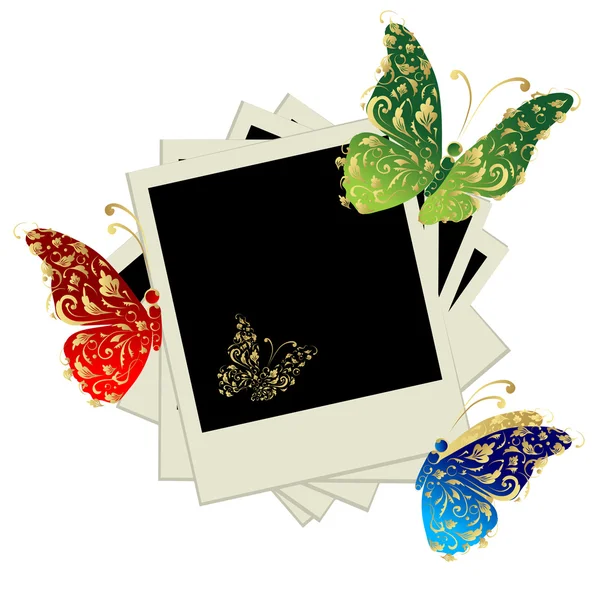 Σωρός από φωτογραφίες, να τοποθετήσετε τις εικόνες σας σε πλαίσια, πεταλούδα διακόσμηση — Διανυσματικό Αρχείο