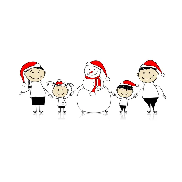 Ευτυχισμένη οικογένεια και χιονάνθρωπος, διακοπές των Χριστουγέννων — Διανυσματικό Αρχείο