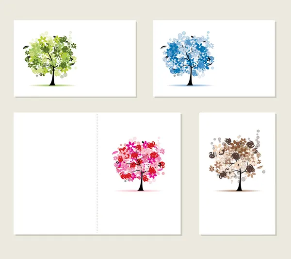 Conjunto de tarjetas de visita, árboles florales para su diseño — Archivo Imágenes Vectoriales