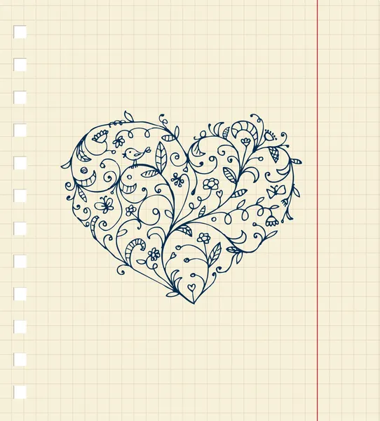 Croquis d'ornement floral coeur sur feuille de carnet — Image vectorielle