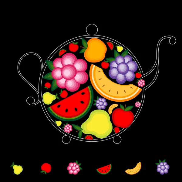 Boisson aux fruits, théière sur noir pour votre design — Image vectorielle