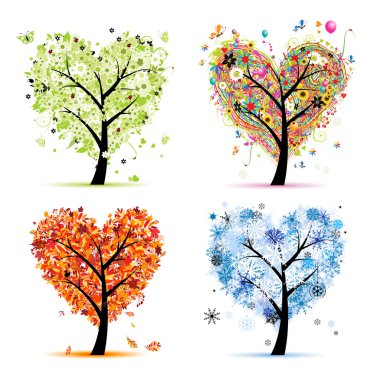 Four seasons - spring, summer, autumn, winter. Art tree heart shape for your design