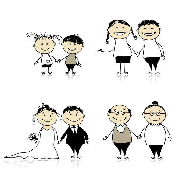 家庭关系-儿童、 青少年、 成人、 老年人 — 图库矢量图片