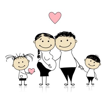 Happy parents with children waiting for newbaby, pregnancy clipart