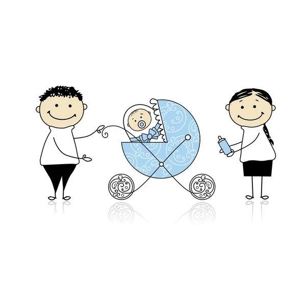 Parents with baby in buggy walking — Stock Vector