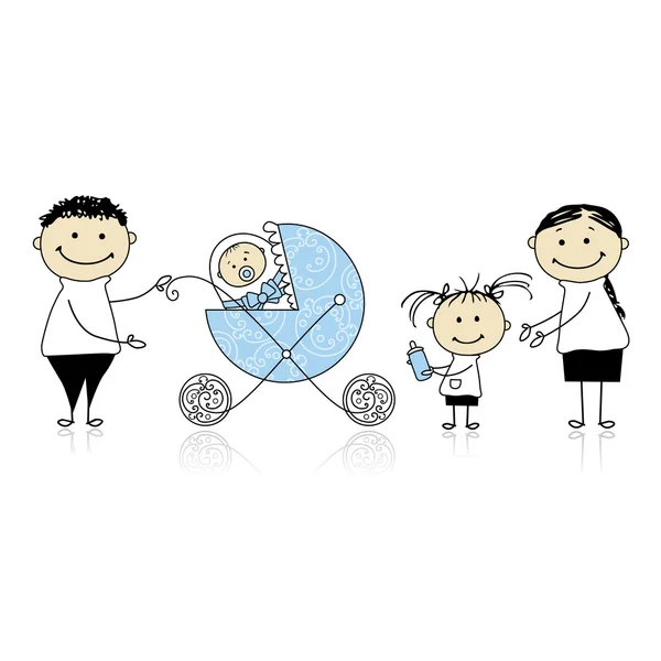 Parents walking with children, baby in buggy — Stock Vector