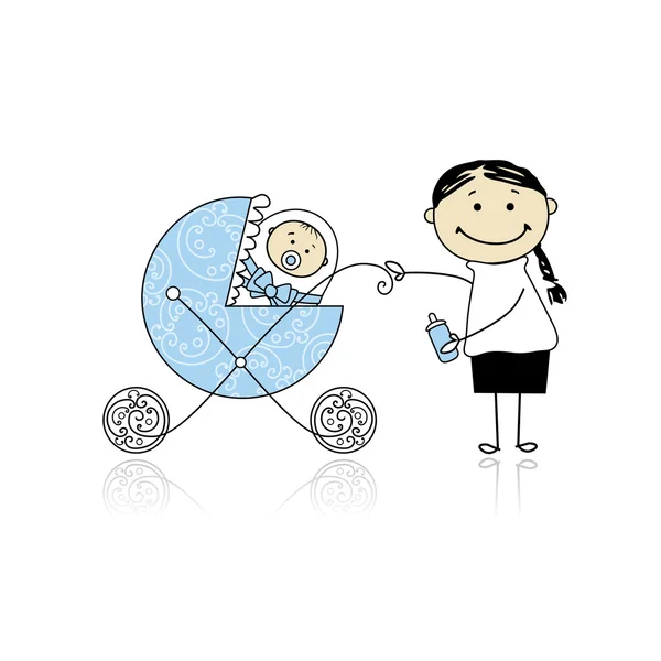 Mutter Mit Baby Kinderwagen Fuß — Stockvektor