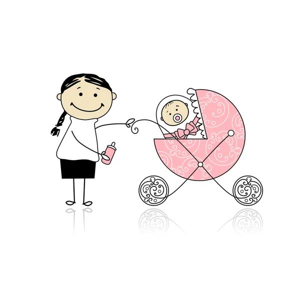 Mother with baby in buggy walking — Stock Vector