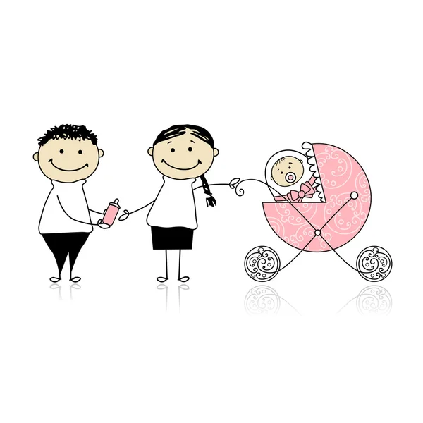 Ouders lopen met pasgeboren, baby in buggy — Stockvector