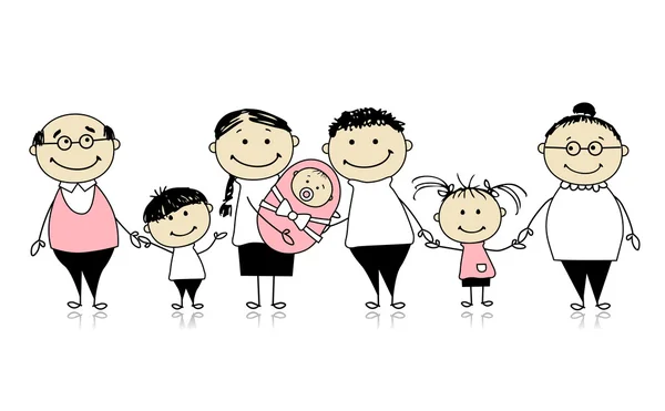 Lycklig storfamilj med barn, nyfött barn — Stock vektor