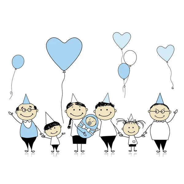 Feliz cumpleaños, gran familia con niños, bebé recién nacido — Archivo Imágenes Vectoriales