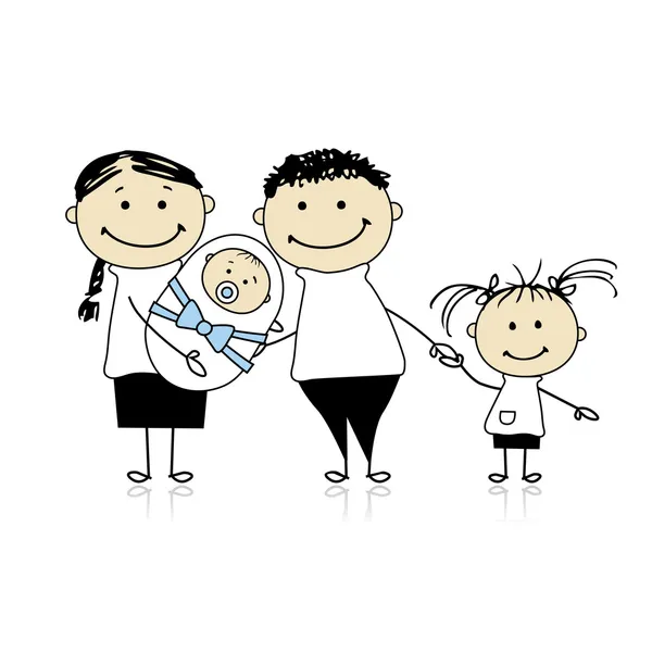 Счастливые родители с детьми, новорожденный ребенок в руках — стоковый вектор