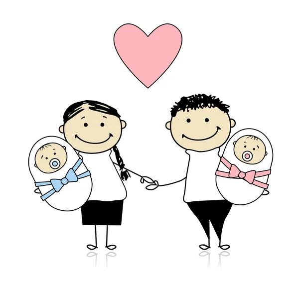 快乐父母与新生双胞胎 — 图库矢量图片