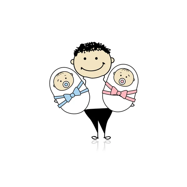 Happy father with newborn twins — Stock Vector