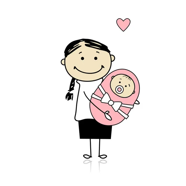 Yeni doğan bebekle gülümseyerek mutlu anne — Stok Vektör