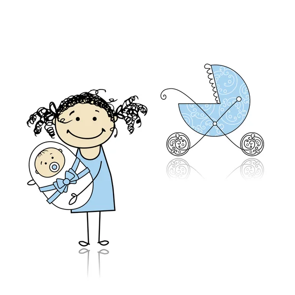 Yeni doğan bebek arabası ile yürüyüş anne — Stok Vektör