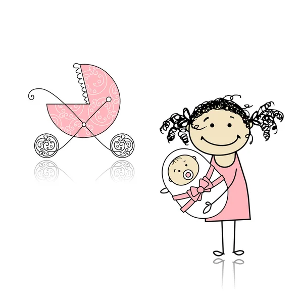 Mother walking with buggy, newborn baby — Stock Vector