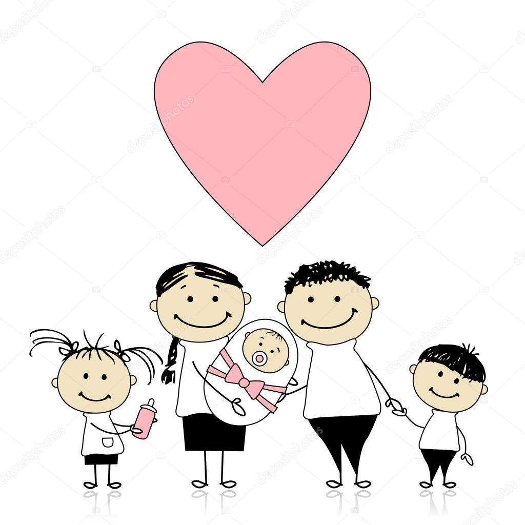 Happy parents with children, newborn baby in hands — Stock Vector ...