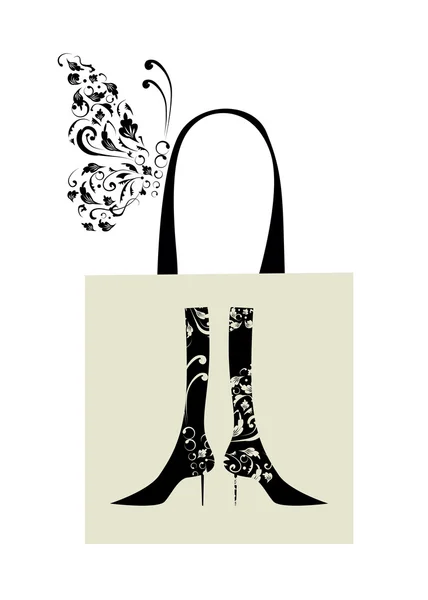 Fashion design of female boots with floral ornament, shopping bag — Stock Vector