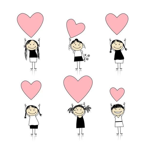 Chicas lindas con corazones de San Valentín para su diseño — Vector de stock