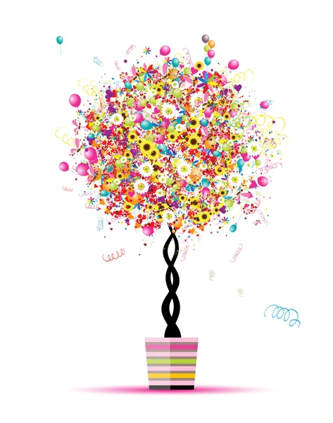 Frohe Feiertage Lustiger Baum Mit Luftballons Topf Für Ihr Design — Stockvektor