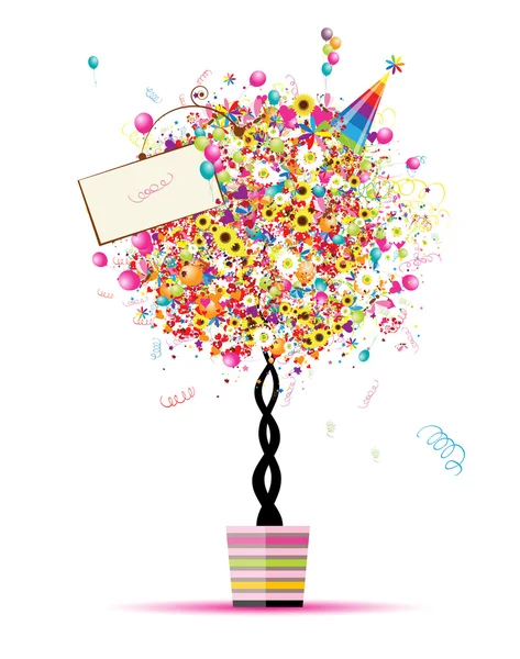 Buone vacanze, albero divertente con palloncini in vaso per il tuo design — Vettoriale Stock