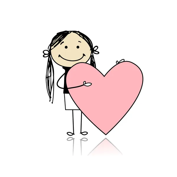 可爱的女孩与情人节的心 放在你的文字 — 图库矢量图片#