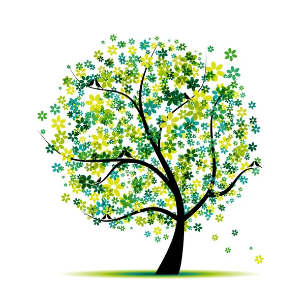 Jaro. Květinový strom a ptáci pro váš design — Stockový vektor