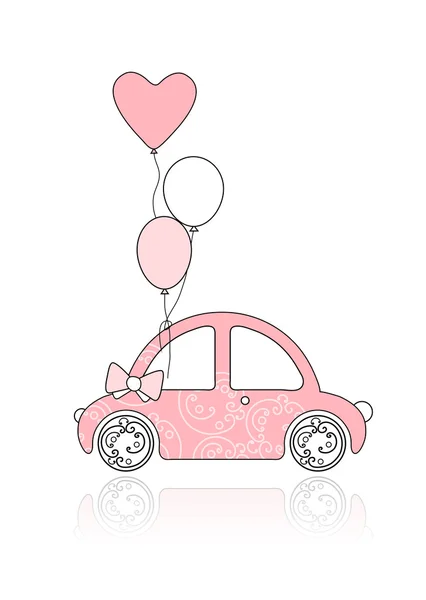 Rosa kvinnlig bil med blommig prydnad och ballonger för din design — Stock vektor
