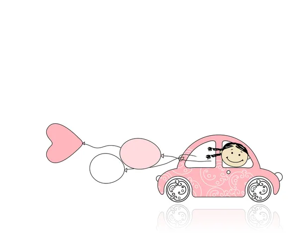 Chica sonriente detrás del volante coche rosa para su diseño — Vector de stock