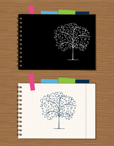 Couverture de carnet et conception de page sur fond en bois — Image vectorielle