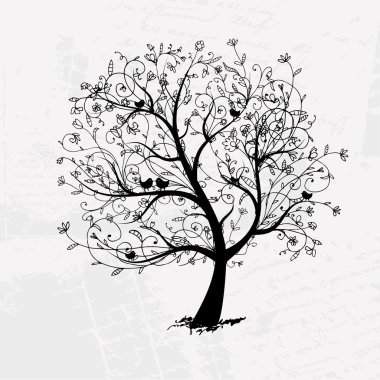 Art tree beautiful, black silhouette for your design clipart