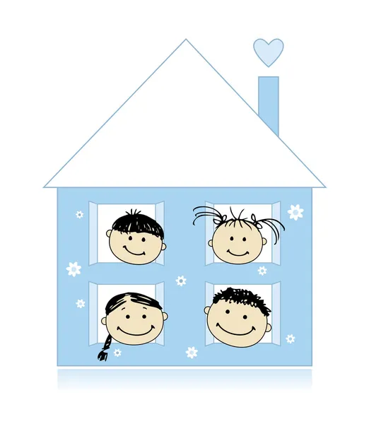 Ευτυχισμένη οικογένεια στο σπίτι χαμογελώντας μαζί, ζωγραφίζοντας σκίτσο — Διανυσματικό Αρχείο