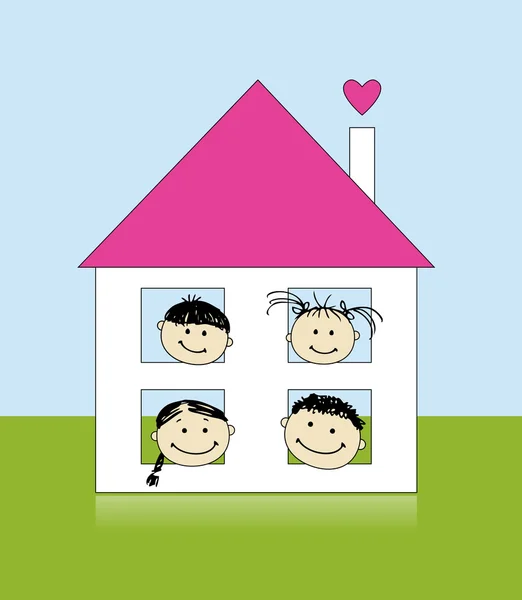 Счастливая семья в собственном доме улыбается вместе, рисует наброски — стоковый вектор