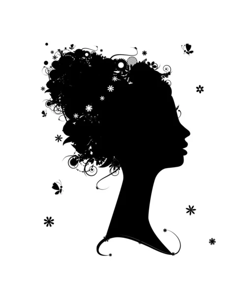Silueta de perfil femenino, peinado floral para tu diseño — Vector de stock
