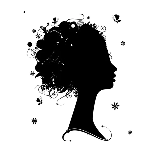 Silueta de perfil femenino, peinado floral para tu diseño — Vector de stock