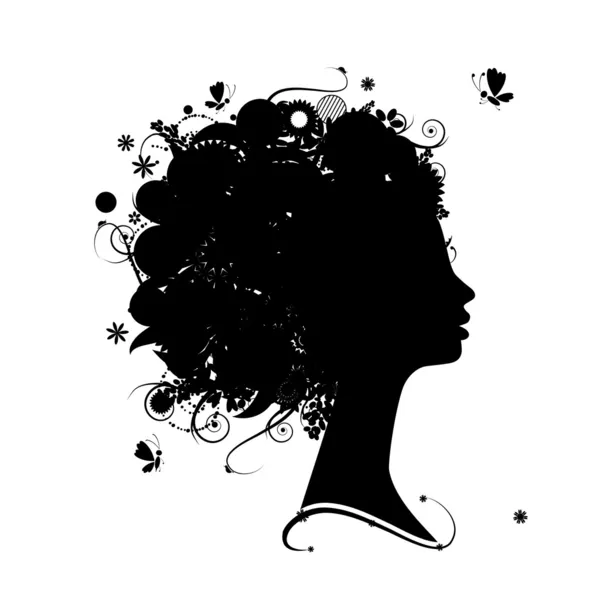 Kadın profili silueti, dizaynınız için çiçekli saç şekli — Stok Vektör