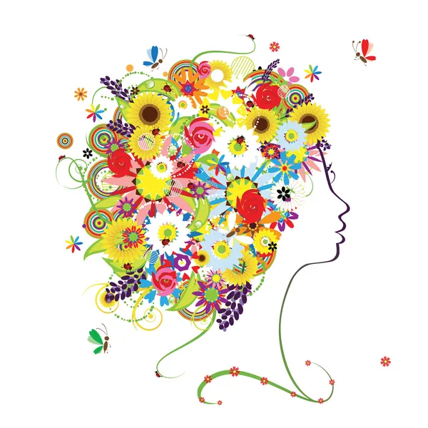 女性のプロフィール、あなたのデザインのための花の髪型 — ストックベクタ
