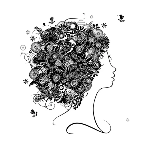 Kvinnlig profil siluett, blommig frisyr för din design — Stock vektor