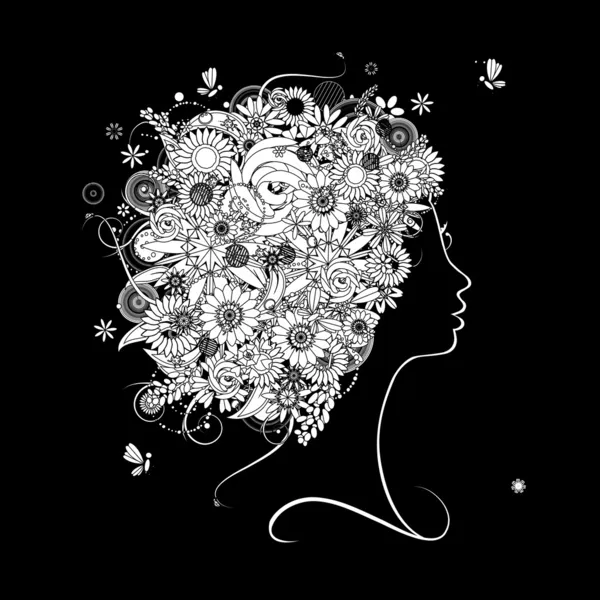 Female profile silhouette, floral hairstyle for your design — Stock Vector