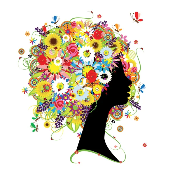 Profil féminin, coiffure florale pour votre design — Image vectorielle