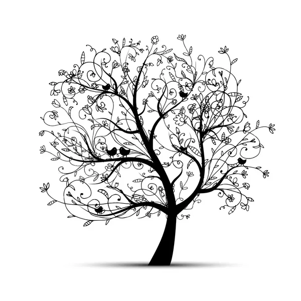 Art tree beautiful, black silhouette for your design — Stock Vector